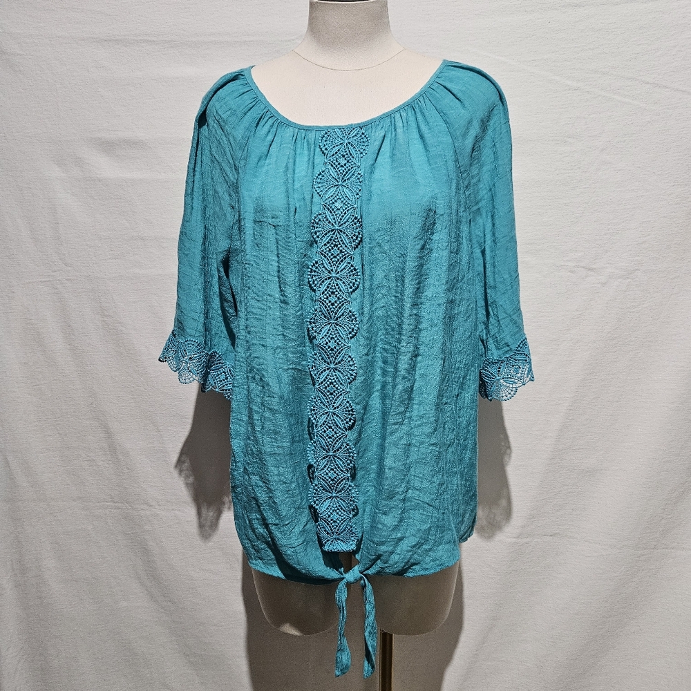 Fundamental Things Teal Boho Blouse with Crochet Details Sz L